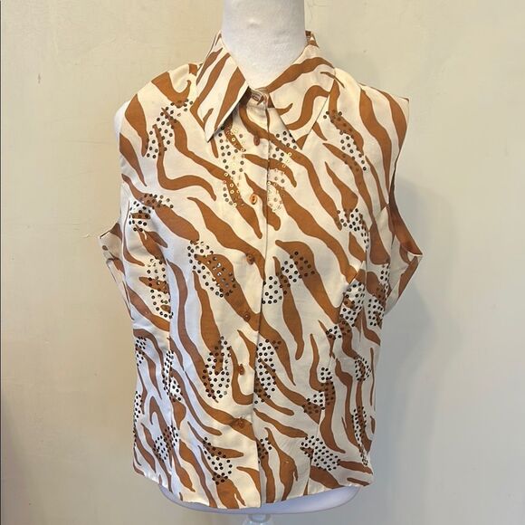 ICE Brown and White Button front Collared Sleeveless Blouse Size L EUC - Picture 1 of 9